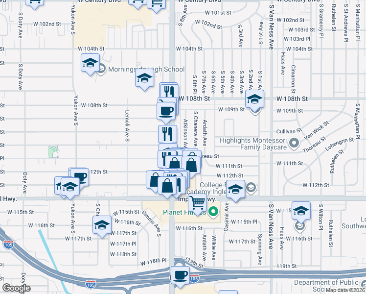 map of restaurants, bars, coffee shops, grocery stores, and more near 11112 Crenshaw Boulevard in Inglewood