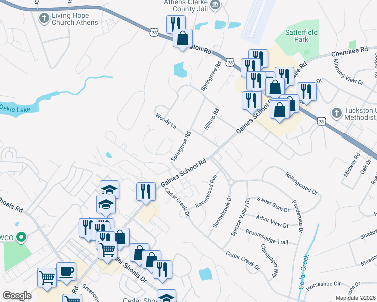 map of restaurants, bars, coffee shops, grocery stores, and more near 460 Gaines School Road in Athens