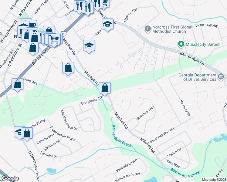map of restaurants, bars, coffee shops, grocery stores, and more near 5635 Executive Way in Norcross