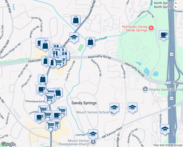 map of restaurants, bars, coffee shops, grocery stores, and more near 6565 Sentry Hill Trail in Sandy Springs