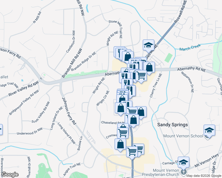 map of restaurants, bars, coffee shops, grocery stores, and more near 6585 Wright Circle Northeast in Atlanta