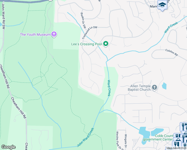 map of restaurants, bars, coffee shops, grocery stores, and more near 555 Russett Court Southwest in Marietta