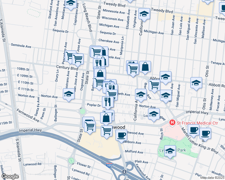 map of restaurants, bars, coffee shops, grocery stores, and more near 3321 Elizabeth Avenue in Lynwood
