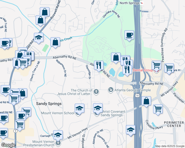 map of restaurants, bars, coffee shops, grocery stores, and more near 6602 Sterling Drive in Sandy Springs