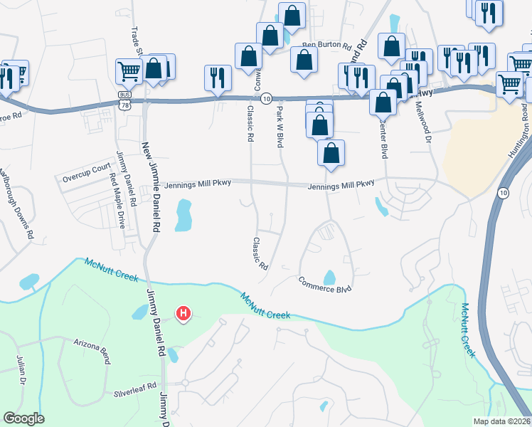 map of restaurants, bars, coffee shops, grocery stores, and more near 255 Jennings Court in Bogart