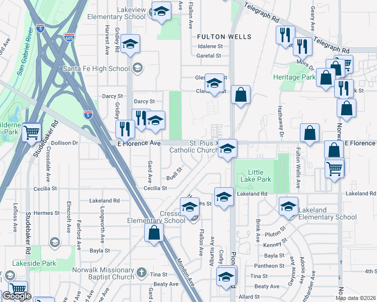 map of restaurants, bars, coffee shops, grocery stores, and more near 10813 Flallon Avenue in Santa Fe Springs