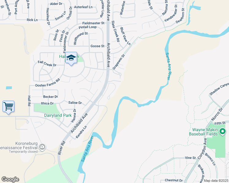 map of restaurants, bars, coffee shops, grocery stores, and more near 8500 Archibald Avenue in Corona
