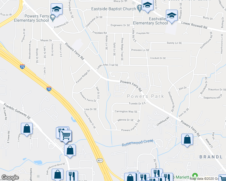 map of restaurants, bars, coffee shops, grocery stores, and more near 728 Gardenside Circle Southeast in Marietta