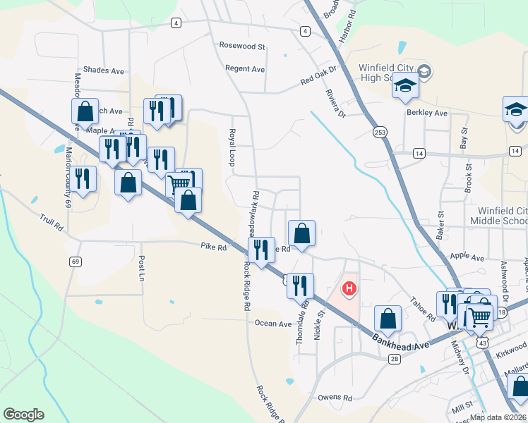 map of restaurants, bars, coffee shops, grocery stores, and more near 217 Timber Trail in Winfield