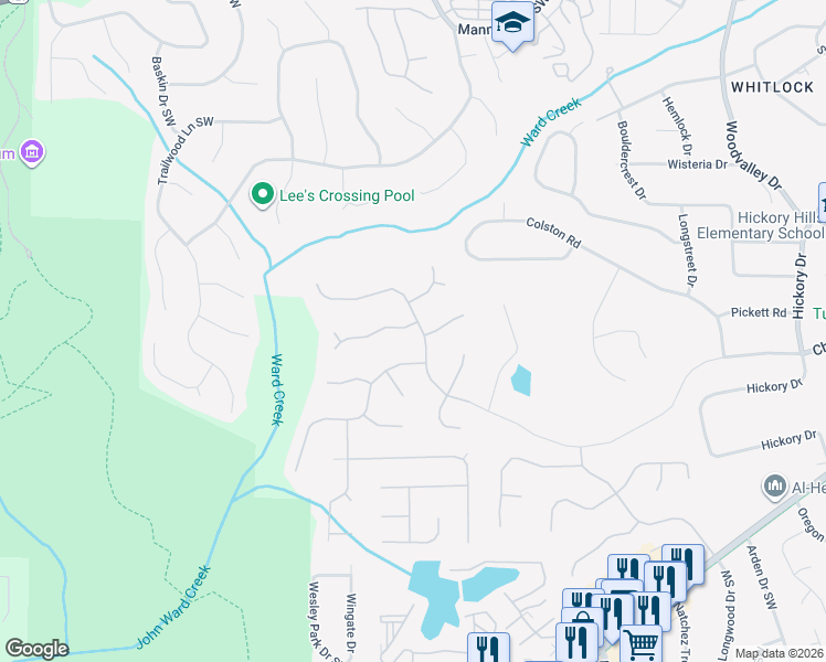 map of restaurants, bars, coffee shops, grocery stores, and more near 971 Chestnut Hill Road Southwest in Marietta