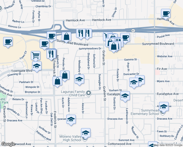 map of restaurants, bars, coffee shops, grocery stores, and more near 23395 Old Valley Drive in Moreno Valley