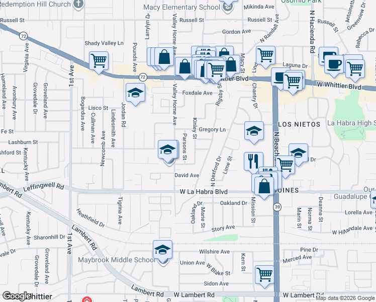 map of restaurants, bars, coffee shops, grocery stores, and more near 351 Kinley Street in La Habra
