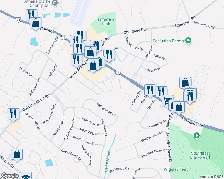map of restaurants, bars, coffee shops, grocery stores, and more near 175 Woodlake Place in Athens