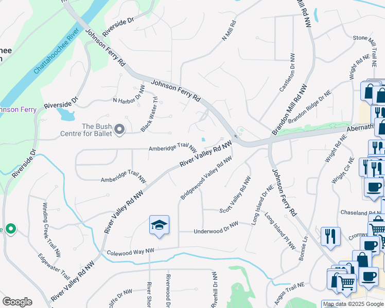 map of restaurants, bars, coffee shops, grocery stores, and more near 265 River Valley Road Northwest in Atlanta