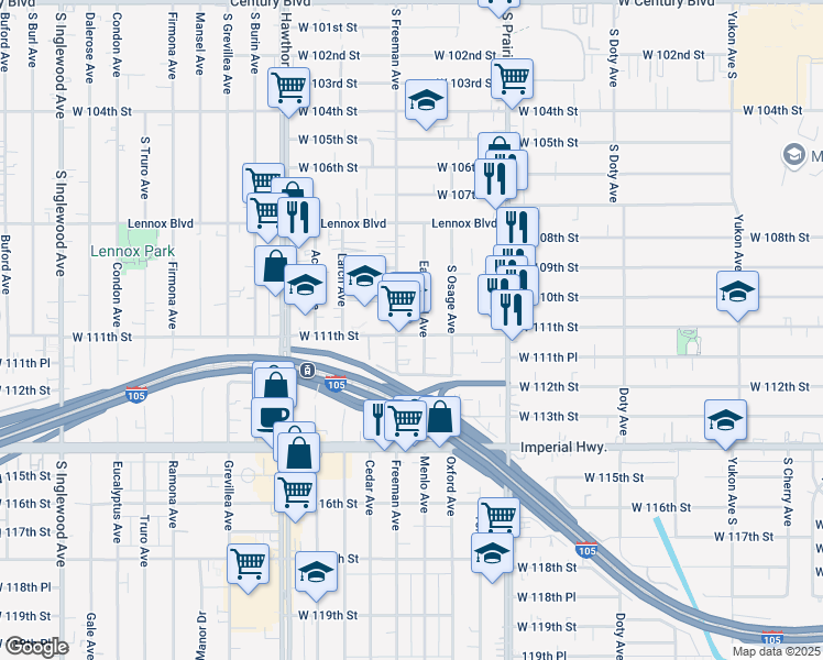 map of restaurants, bars, coffee shops, grocery stores, and more near 11044 South Freeman Avenue in Inglewood