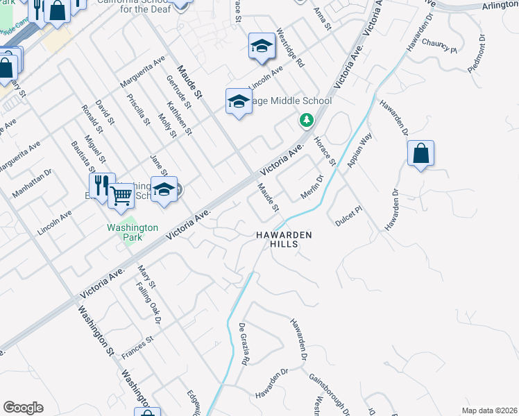 map of restaurants, bars, coffee shops, grocery stores, and more near 2645 Kevin Court in Riverside