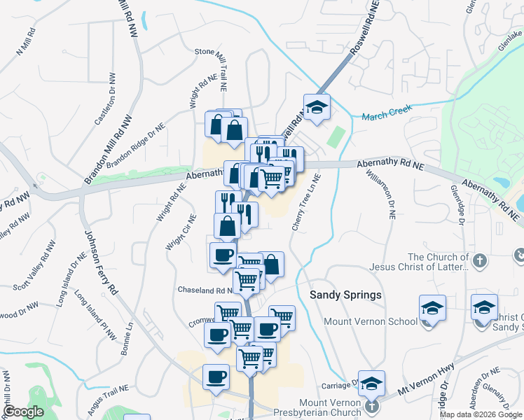 map of restaurants, bars, coffee shops, grocery stores, and more near 6569 Roswell Road in Atlanta