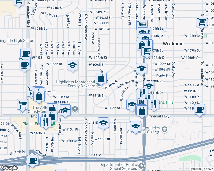 map of restaurants, bars, coffee shops, grocery stores, and more near 2024 Thoreau Street in Los Angeles
