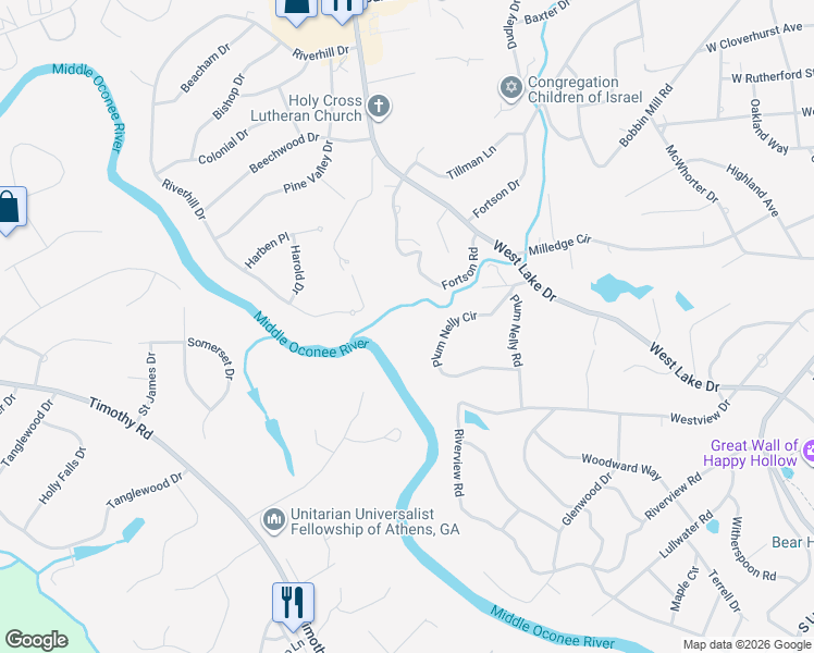 map of restaurants, bars, coffee shops, grocery stores, and more near 255 Plum Nelly Rd in Athens