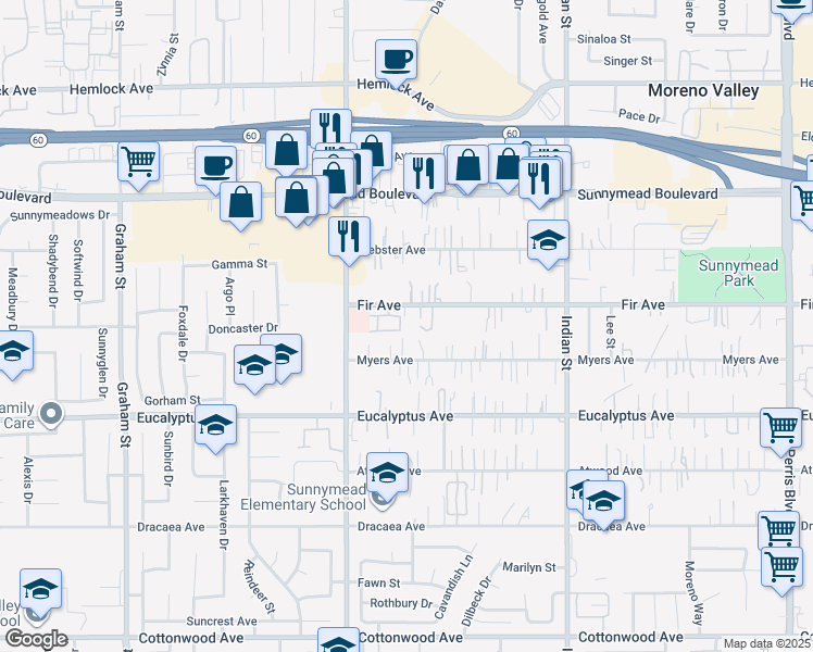 map of restaurants, bars, coffee shops, grocery stores, and more near 24133 Fir Avenue in Moreno Valley