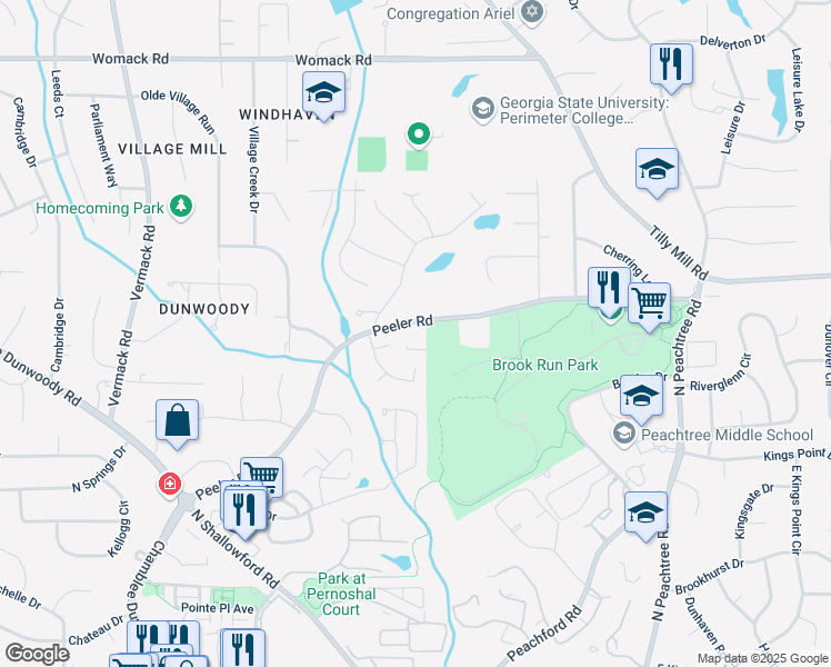 map of restaurants, bars, coffee shops, grocery stores, and more near 2197 Peeler Road in Dunwoody
