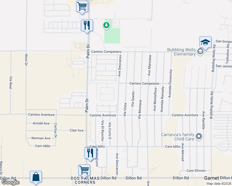 map of restaurants, bars, coffee shops, grocery stores, and more near 15438 Avenida De Cielo in Desert Hot Springs