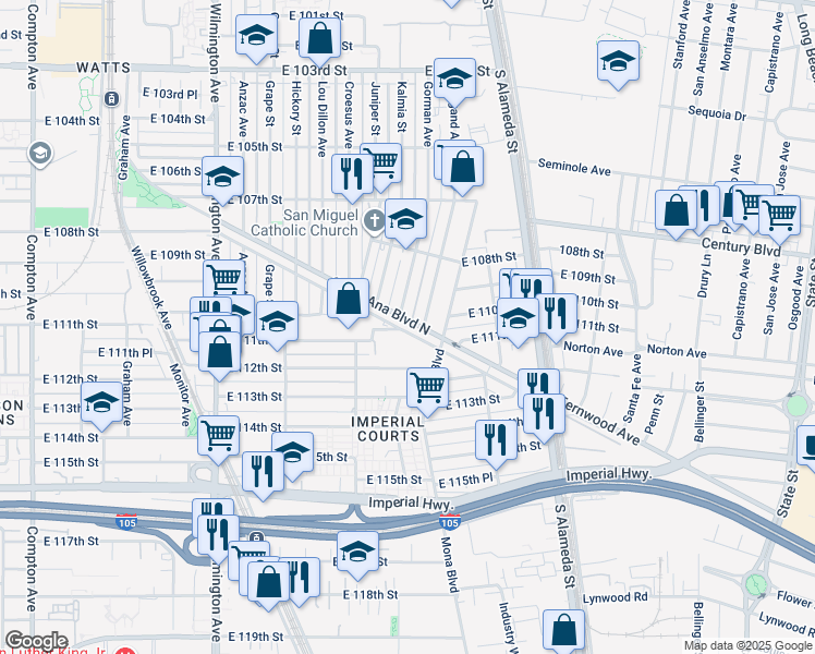 map of restaurants, bars, coffee shops, grocery stores, and more near 2319 Santa Ana Boulevard South in Los Angeles