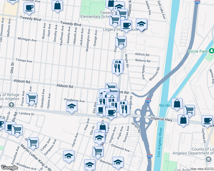 map of restaurants, bars, coffee shops, grocery stores, and more near 10528 Rosewood Avenue in South Gate