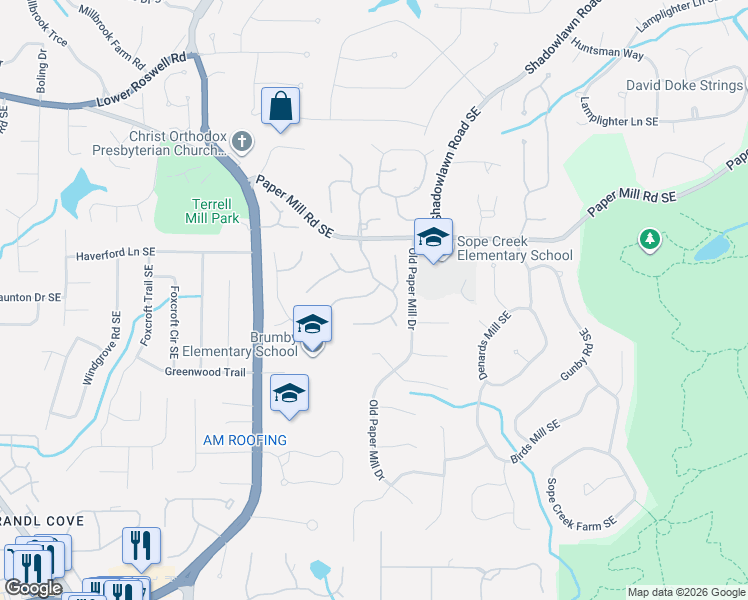 map of restaurants, bars, coffee shops, grocery stores, and more near 3294 Belmont Glen Drive Southeast in Marietta