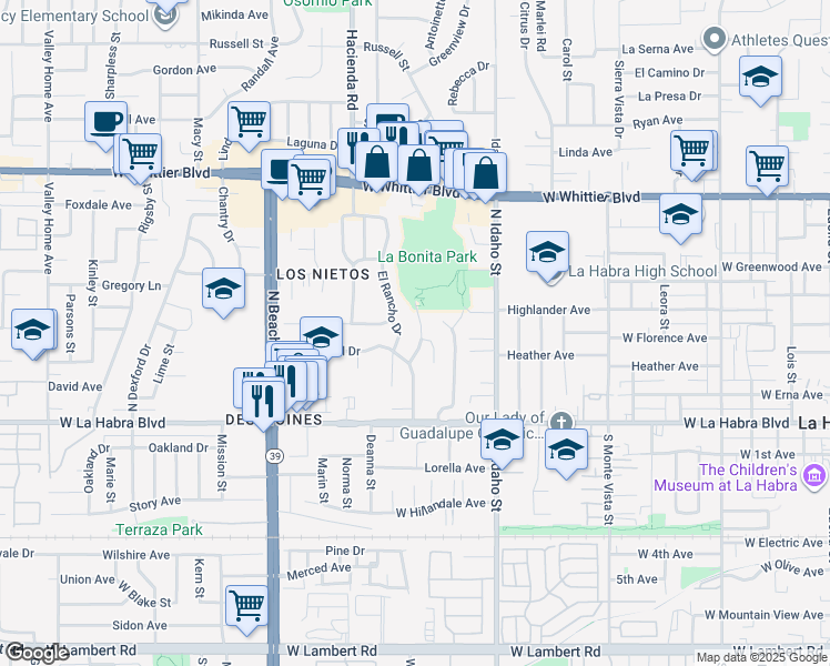 map of restaurants, bars, coffee shops, grocery stores, and more near 401 Granada Drive in La Habra