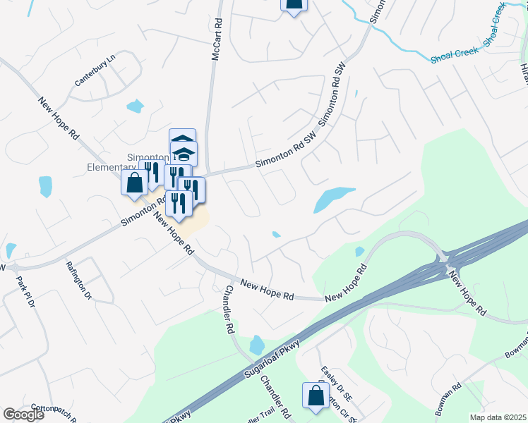 map of restaurants, bars, coffee shops, grocery stores, and more near 1119 Simonton Glen Way Southeast in Lawrenceville