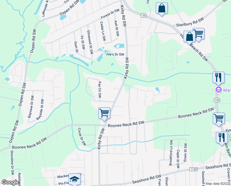 map of restaurants, bars, coffee shops, grocery stores, and more near 2261 Kirby Road Southwest in Supply
