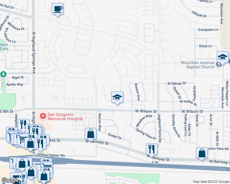 map of restaurants, bars, coffee shops, grocery stores, and more near 5363 Echo Drive in Banning