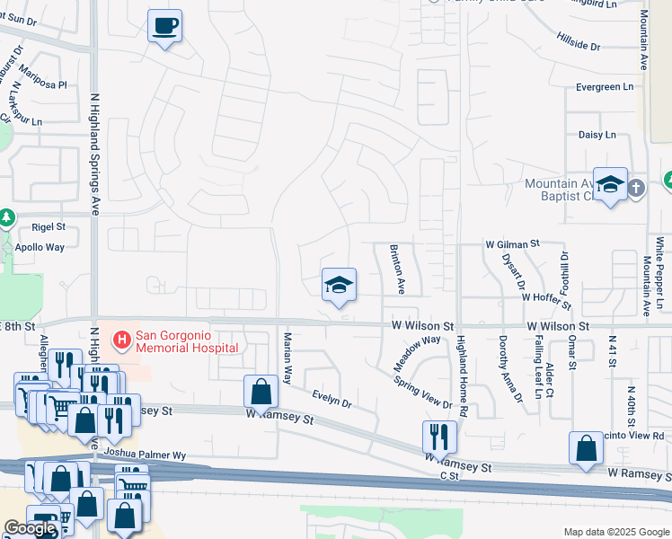 map of restaurants, bars, coffee shops, grocery stores, and more near 5345 Echo Drive in Banning