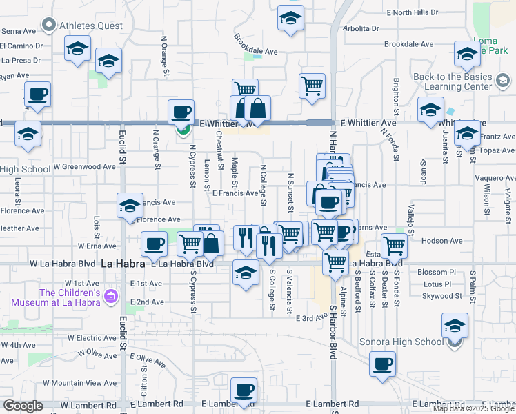 map of restaurants, bars, coffee shops, grocery stores, and more near 325 North College Street in La Habra