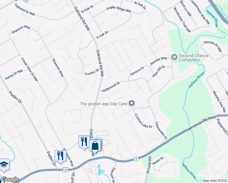 map of restaurants, bars, coffee shops, grocery stores, and more near 2121 Crescentview Dr in Lawrenceville