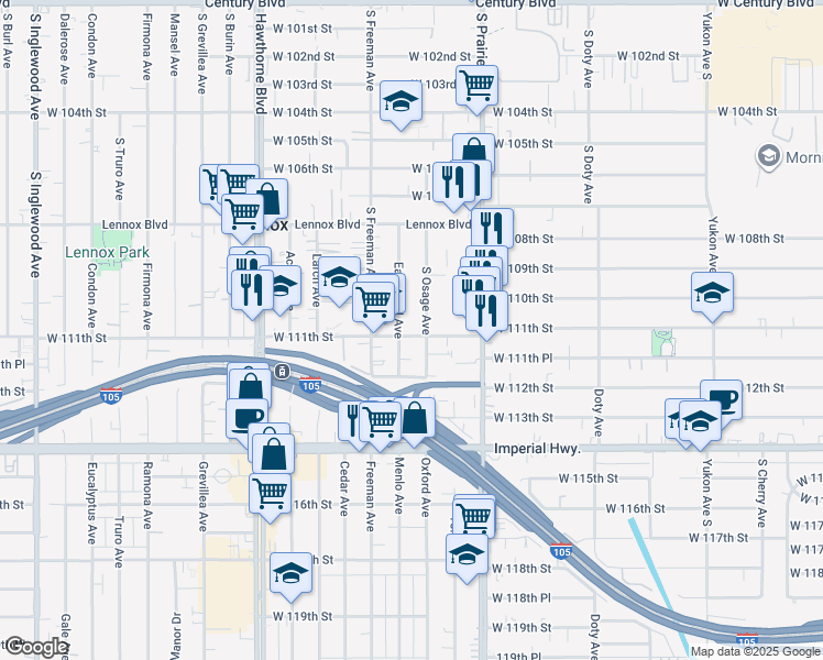 map of restaurants, bars, coffee shops, grocery stores, and more near 4115 West 111th Street in Inglewood
