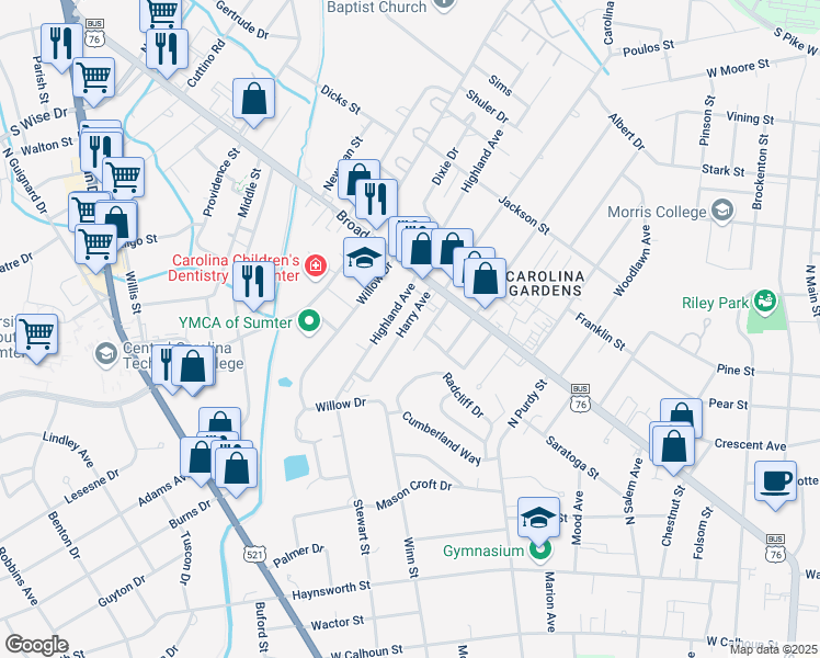 map of restaurants, bars, coffee shops, grocery stores, and more near 25 Harry Avenue in Sumter
