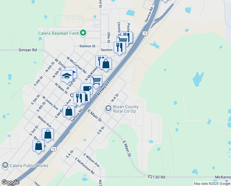 map of restaurants, bars, coffee shops, grocery stores, and more near 407 North A Street in Calera