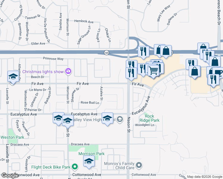 map of restaurants, bars, coffee shops, grocery stores, and more near 26869 Claystone Drive in Moreno Valley