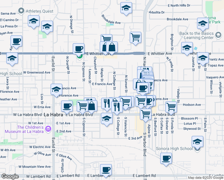 map of restaurants, bars, coffee shops, grocery stores, and more near 325 North College Street in La Habra