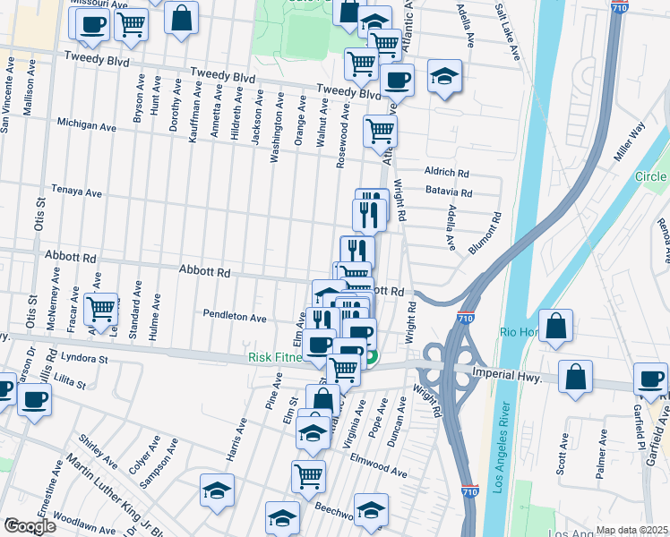 map of restaurants, bars, coffee shops, grocery stores, and more near 10528 Rosewood Avenue in South Gate