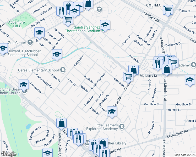 map of restaurants, bars, coffee shops, grocery stores, and more near 10751 Valley View Avenue in Whittier