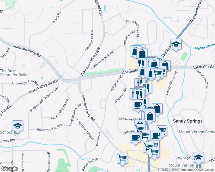 map of restaurants, bars, coffee shops, grocery stores, and more near 105 Whispering Way Northeast in Atlanta