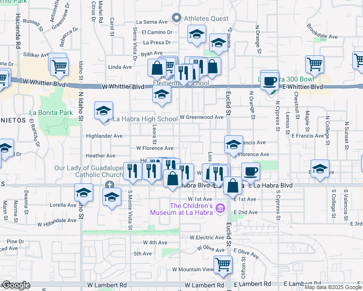 map of restaurants, bars, coffee shops, grocery stores, and more near 400 North Walnut Street in La Habra