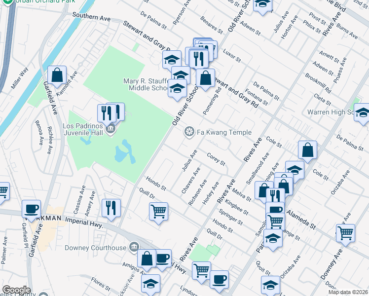map of restaurants, bars, coffee shops, grocery stores, and more near 7456 Corey Street in Downey