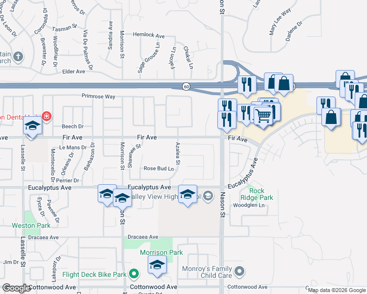 map of restaurants, bars, coffee shops, grocery stores, and more near 26813 Claystone Drive in Moreno Valley