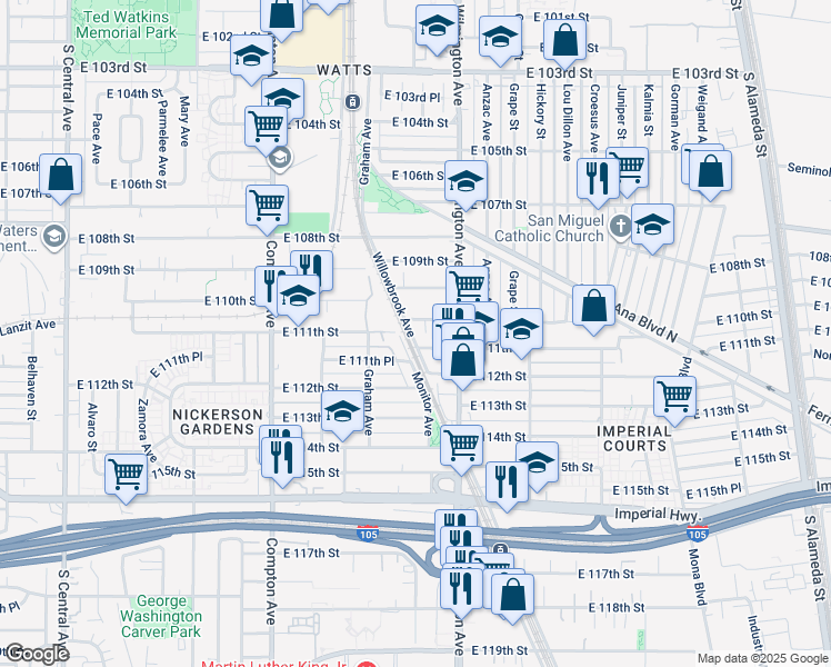 map of restaurants, bars, coffee shops, grocery stores, and more near 11026 Willowbrook Avenue in Los Angeles