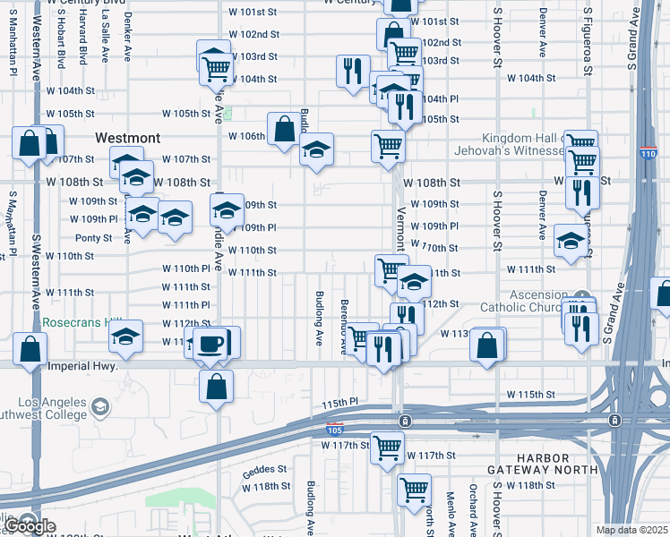 map of restaurants, bars, coffee shops, grocery stores, and more near 1115 West 111th Street in Los Angeles