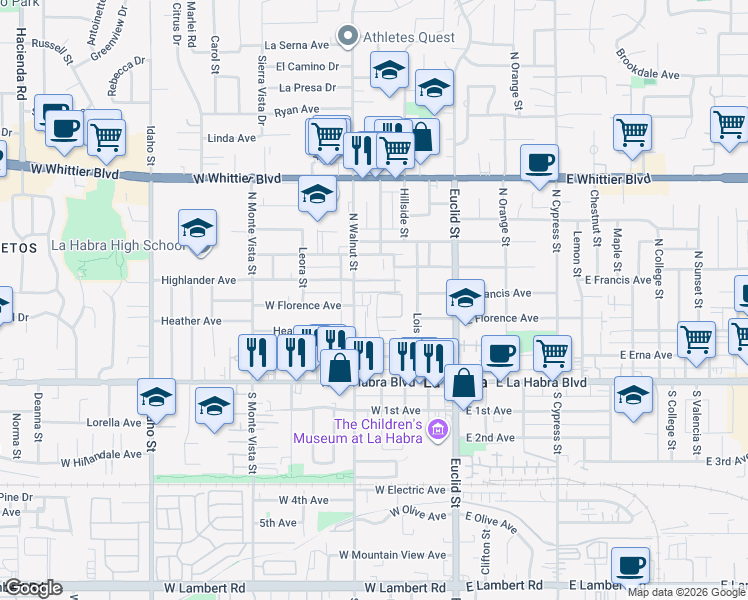 map of restaurants, bars, coffee shops, grocery stores, and more near 434 Citrus Hill Lane in La Habra